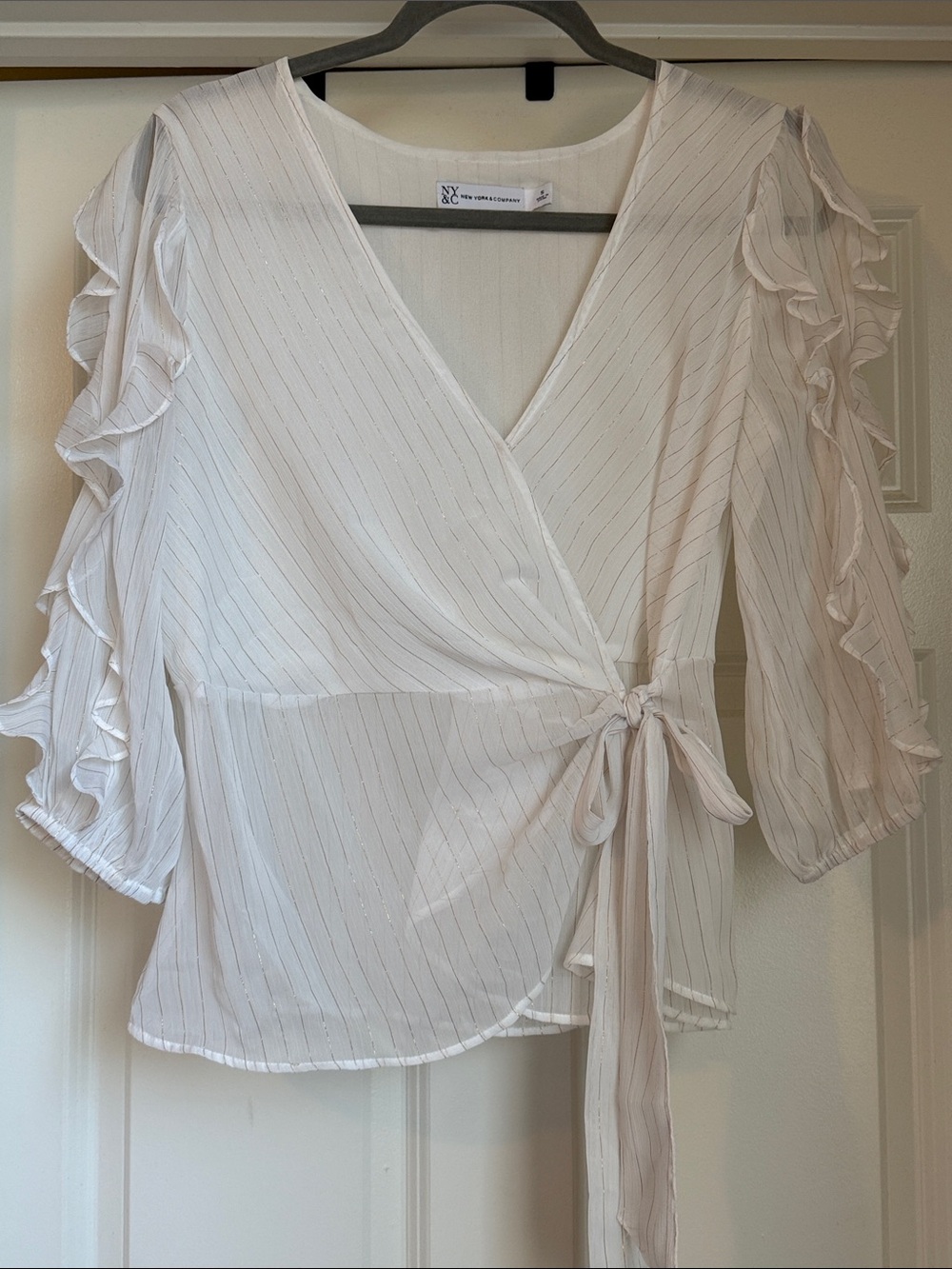 New York & Company Light Cream Wrap Blouse with Ruffle Sleeves